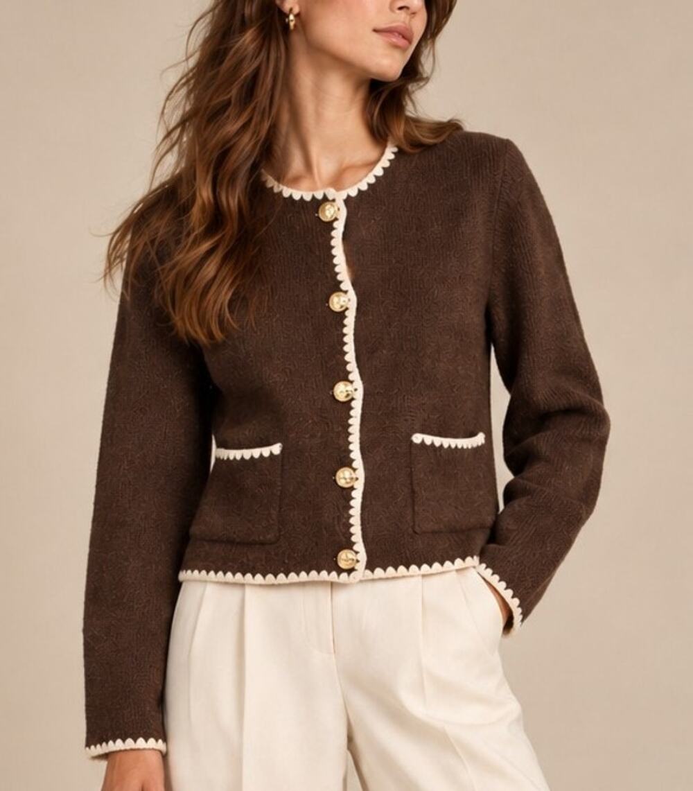 NWT Song of Style Womens Scallop Trim Cardigan S Brown Cottage Preppy Old Money